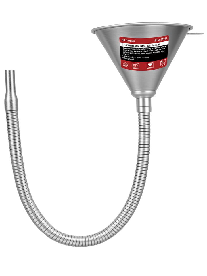 BILITOOLS funnel front view showing long flexible spout and durable finish for easier pours