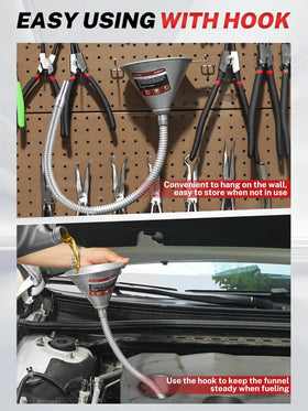 BILITOOLS funnel size comparison beside oil bottle illustrating reach and scale