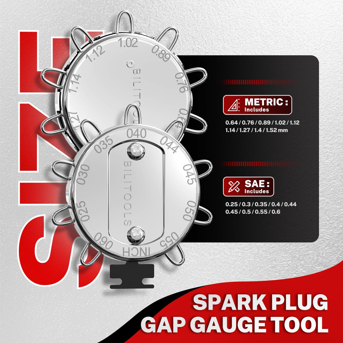 BILITOOLS spark plug gap tool detail with readable metric and SAE markings for precise measurement
