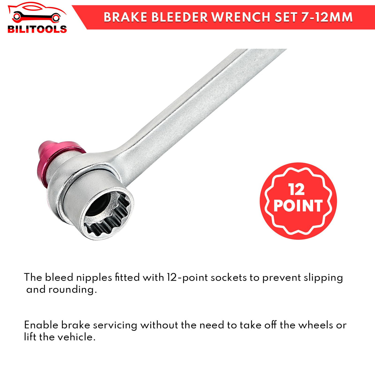 BILITOOLS wrench attached to brake caliper demonstrating hands-free hose operation