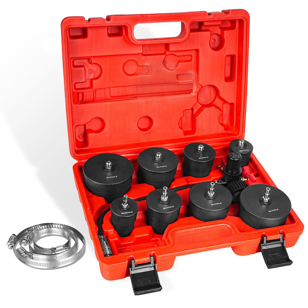 BILITOOLS full kit laid out showing adapters, gauge, clamps and DIN adapter for complete testing