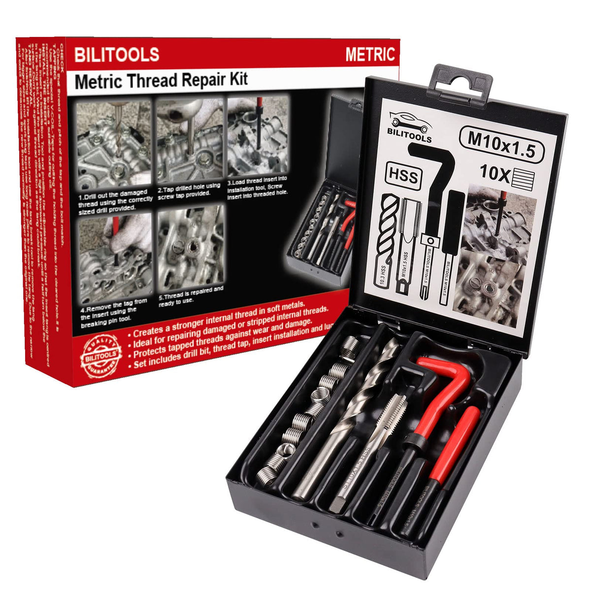BILITOOLS front packaging showing complete M10x1.5 repair kit and case, convenient storage