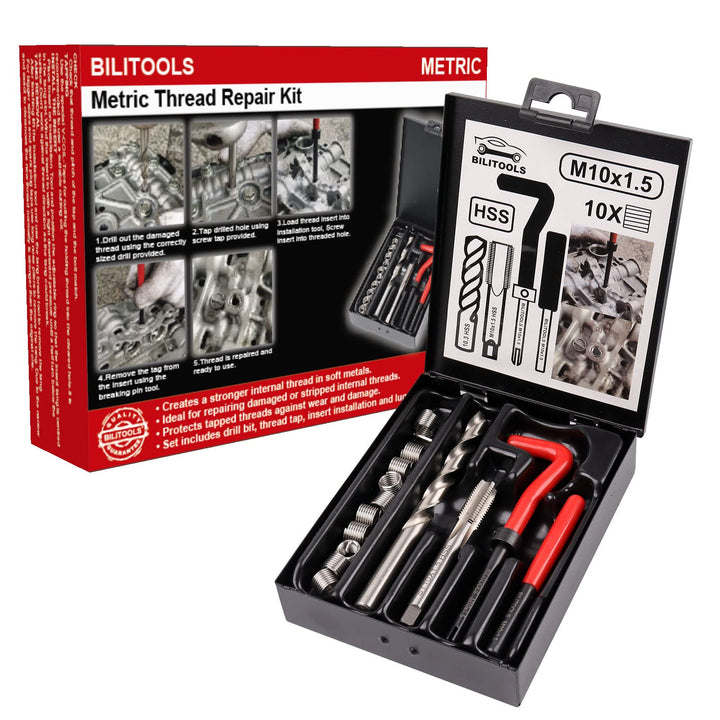 BILITOOLS front packaging showing complete M10x1.5 repair kit and case, convenient storage