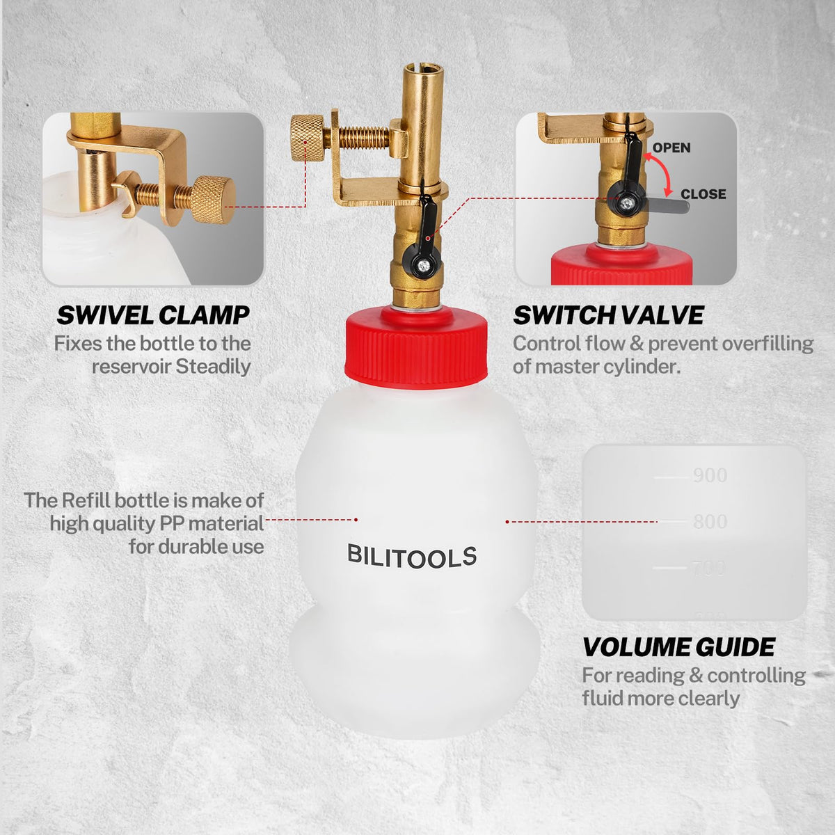 BILITOOLS mounted on master cylinder demonstrating hands-free feeding to prevent air entry