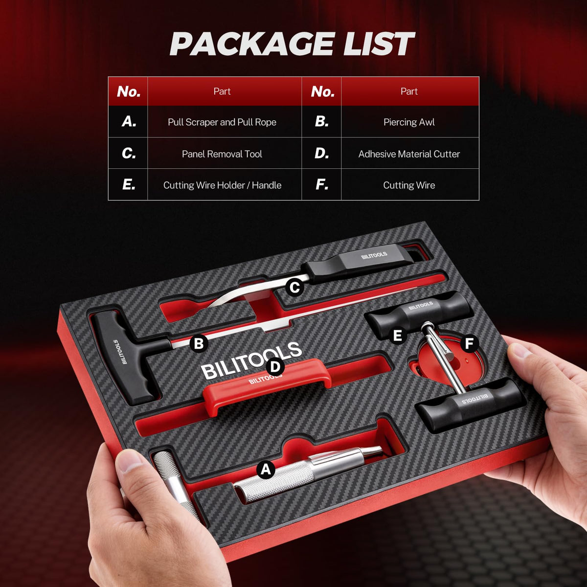 BILITOOLS panel-removal tool in use safely separating windshield adhesive