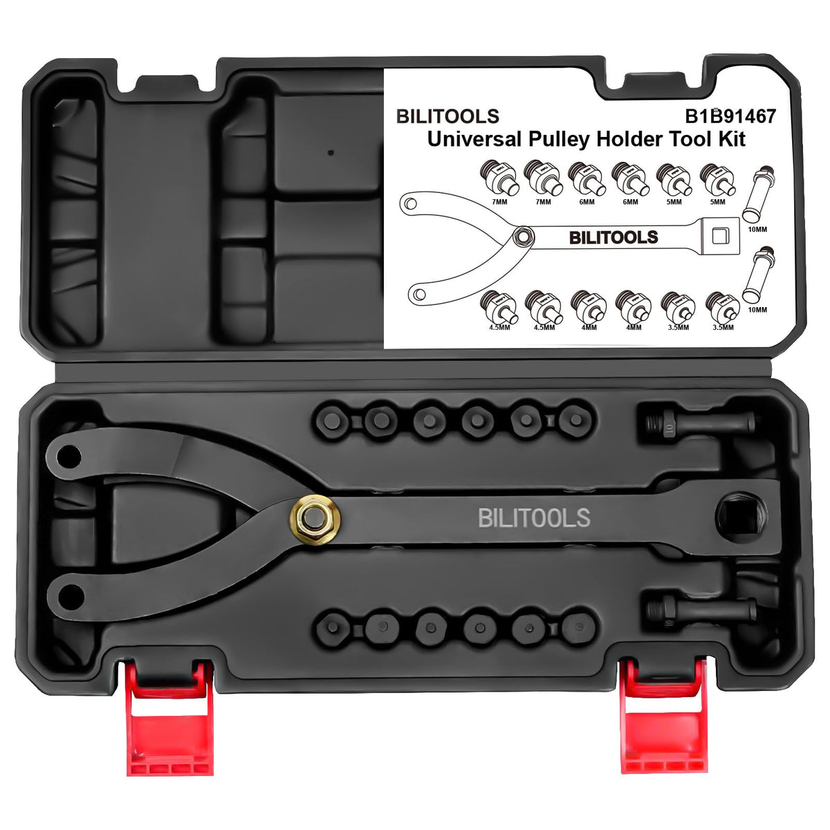 BILITOOLS front packaging showing full pulley holder kit and compact case benefit