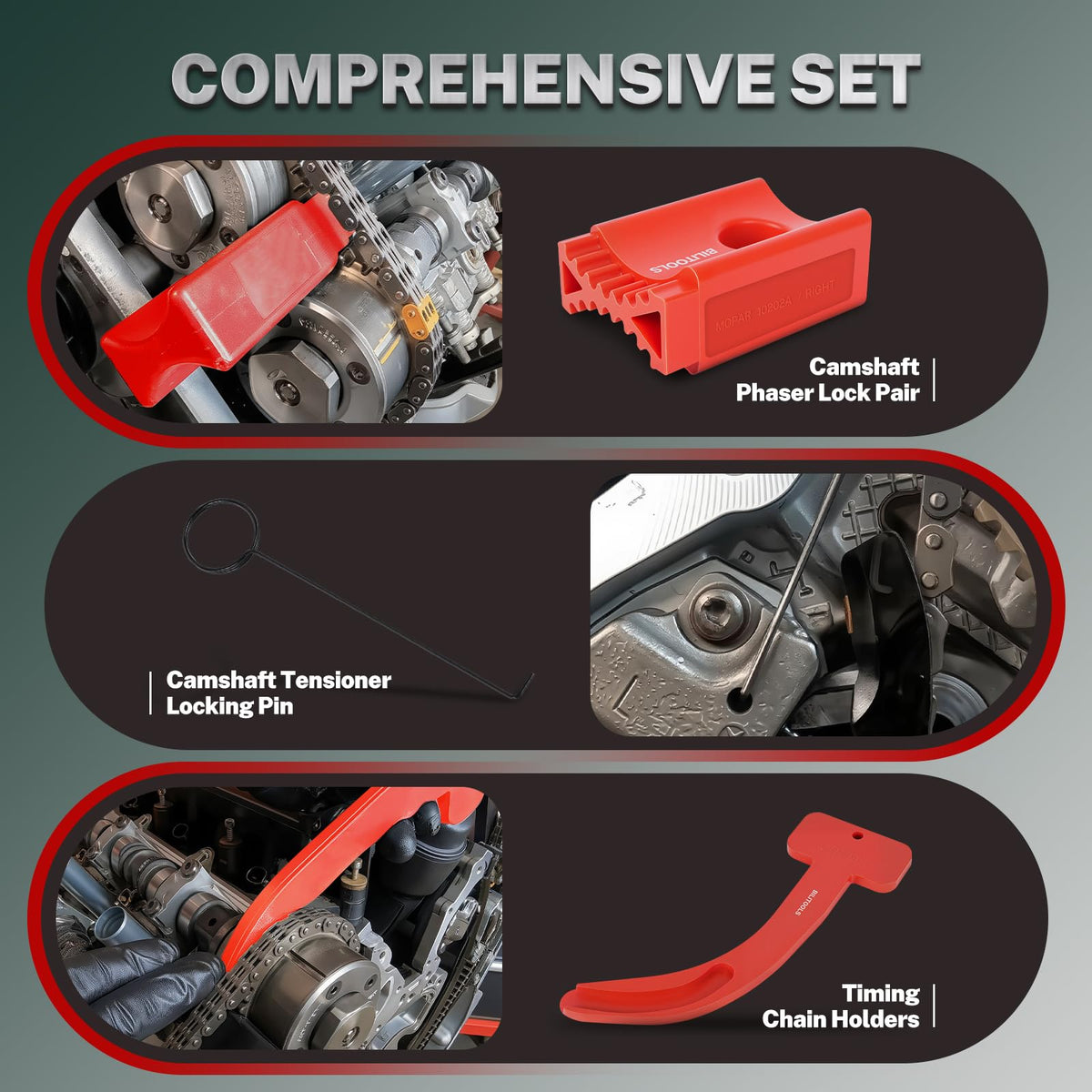 BILITOOLS right cam phaser lock close-up, holds right camshaft steady during repairs
