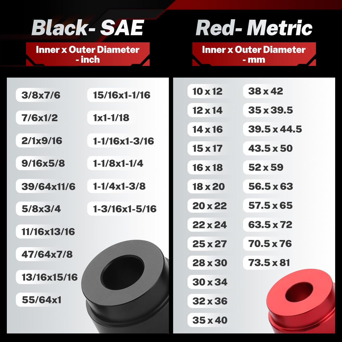BILITOOLS SAE black and metric red adapters highlighting quick selection benefit