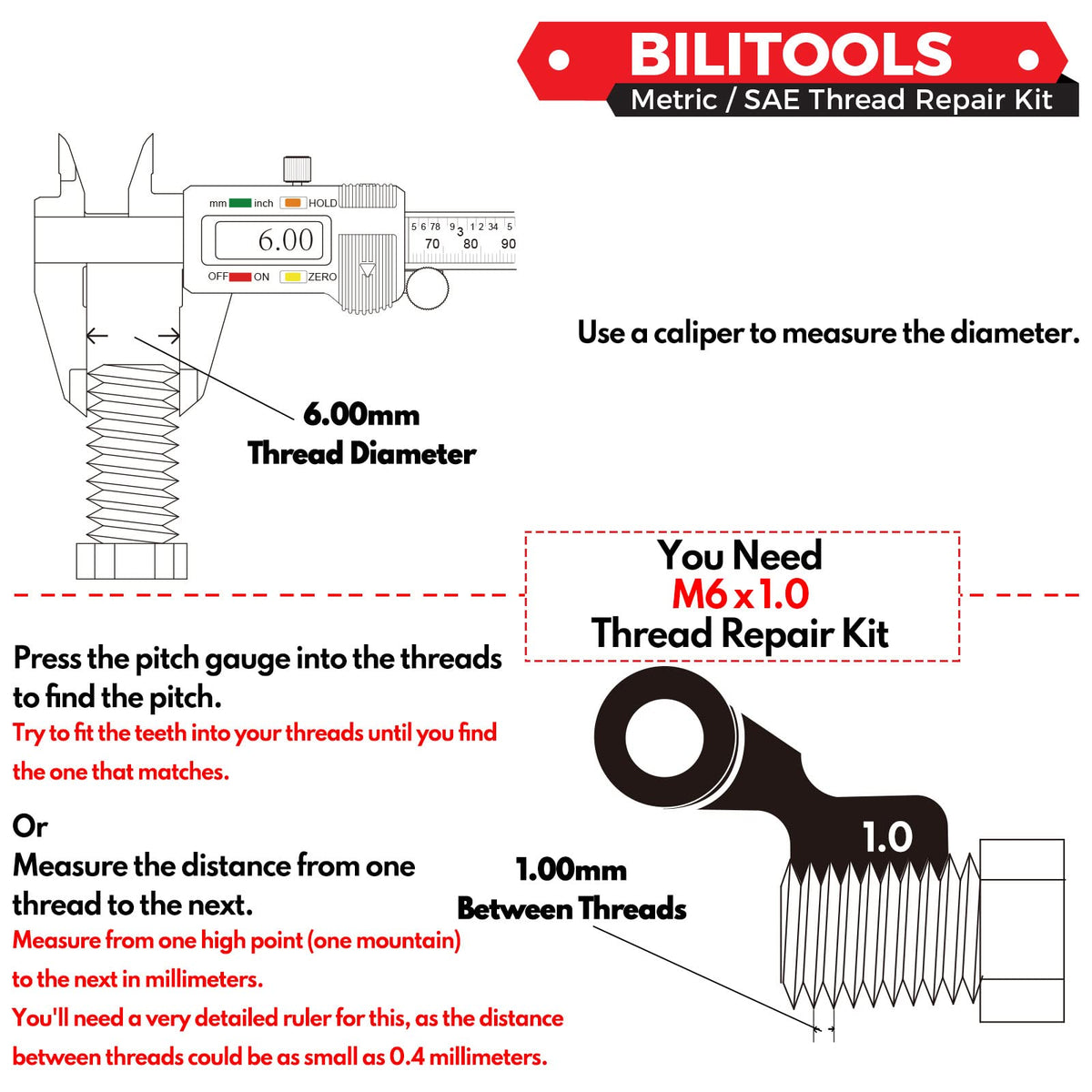 BILITOOLS M10x1.0 thread shown beside ruler for accurate size reference