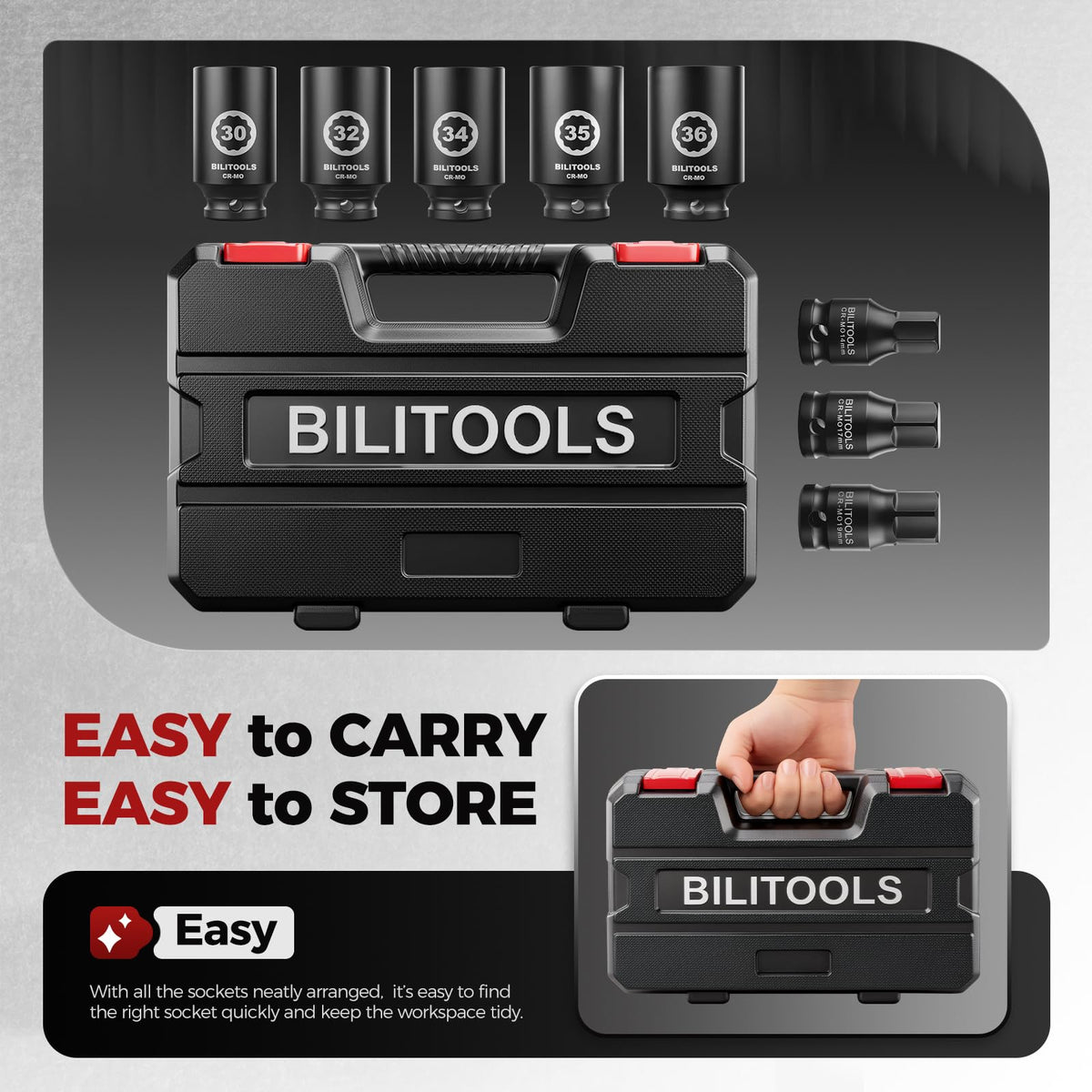 BILITOOLS sockets side-by-side with a ruler, clear size scale and selection
