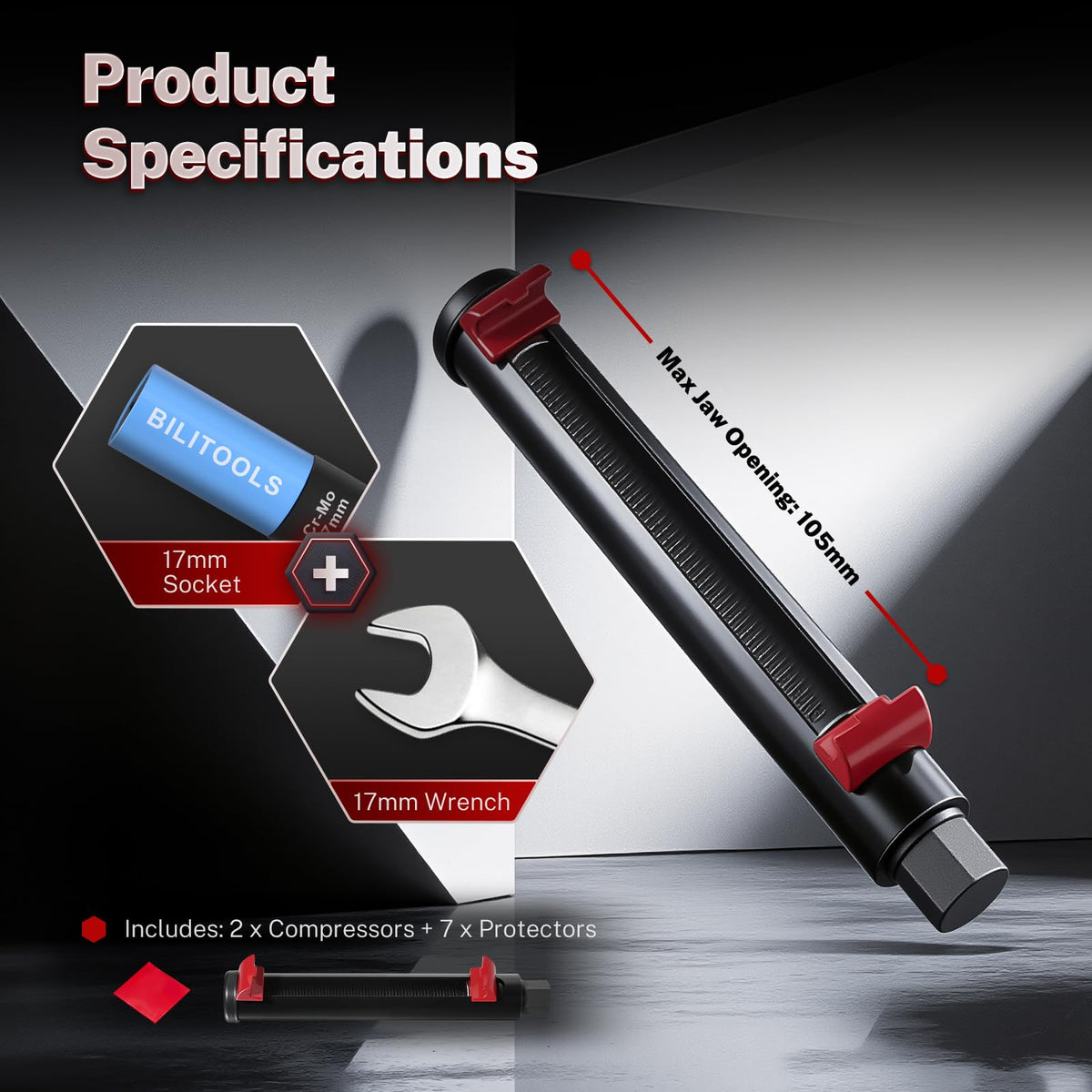 BILITOOLS compressor next to 17 mm wrench showing size and tool compatibility benefit