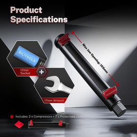 BILITOOLS compressor next to 17 mm wrench showing size and tool compatibility benefit