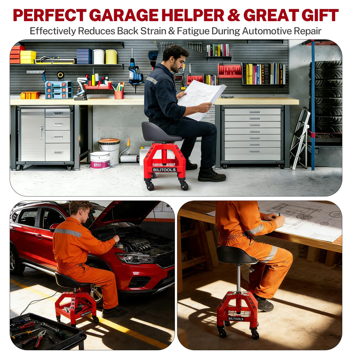 BILITOOLS stool next to a vehicle in a garage showing practical use