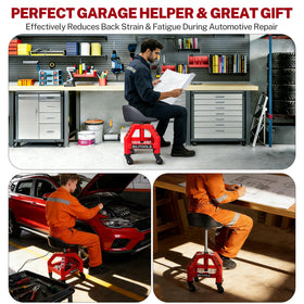 BILITOOLS stool next to a vehicle in a garage showing practical use