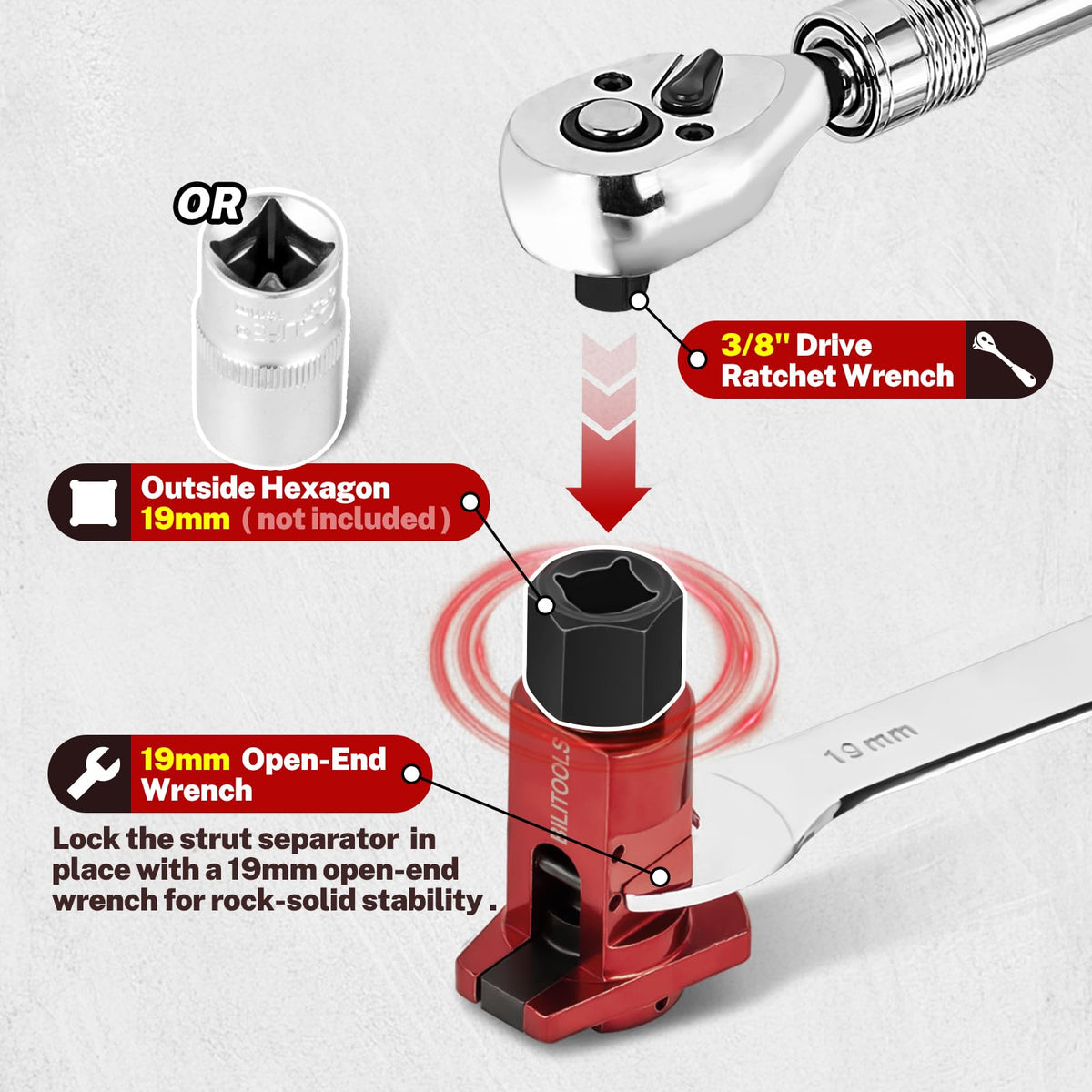 BILITOOLS showing 19mm hex drive and 3/8 inch ratchet compatibility benefit