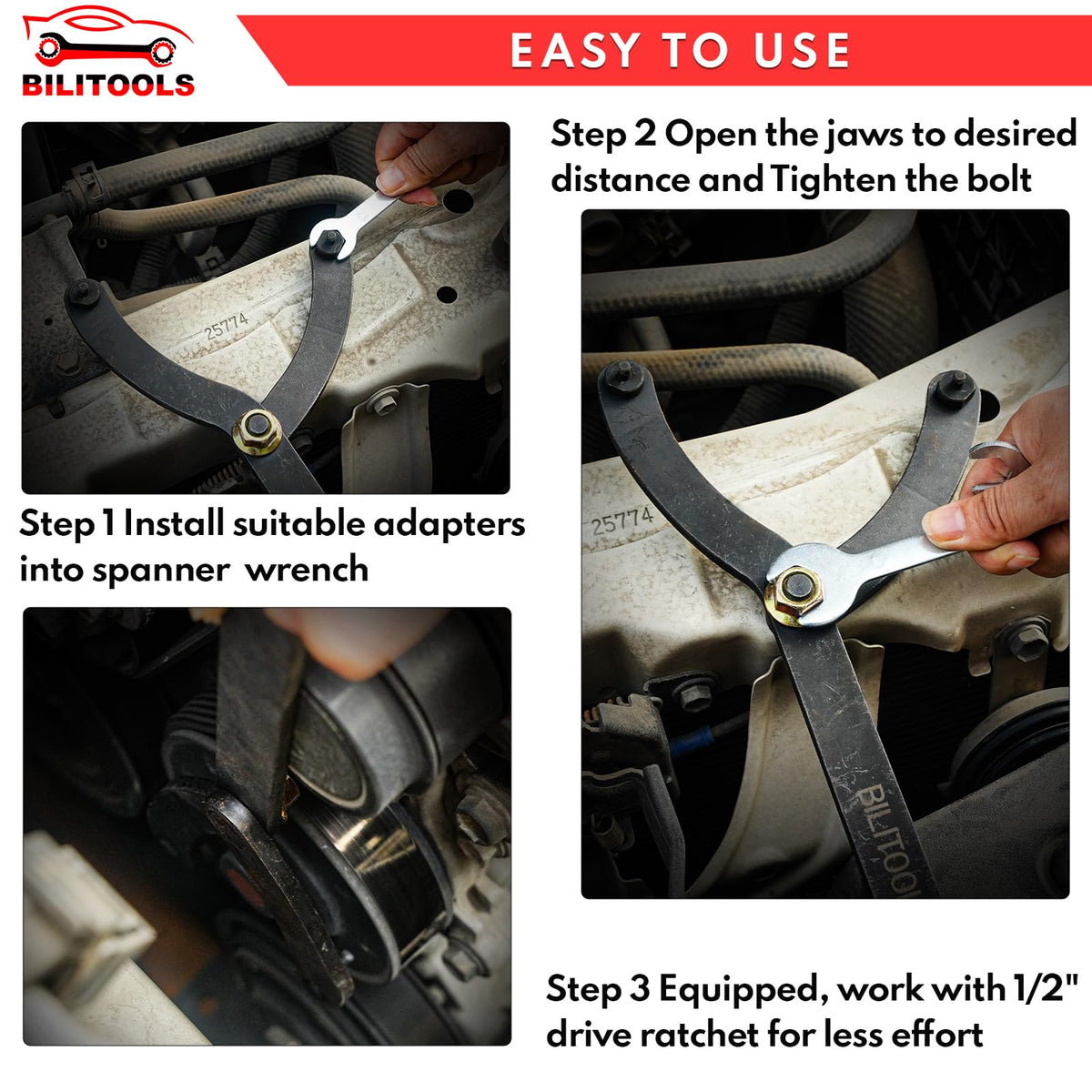 BILITOOLS wrench attached to a 1/2" drive ratchet providing extra torque advantage