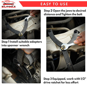 BILITOOLS wrench attached to a 1/2" drive ratchet providing extra torque advantage