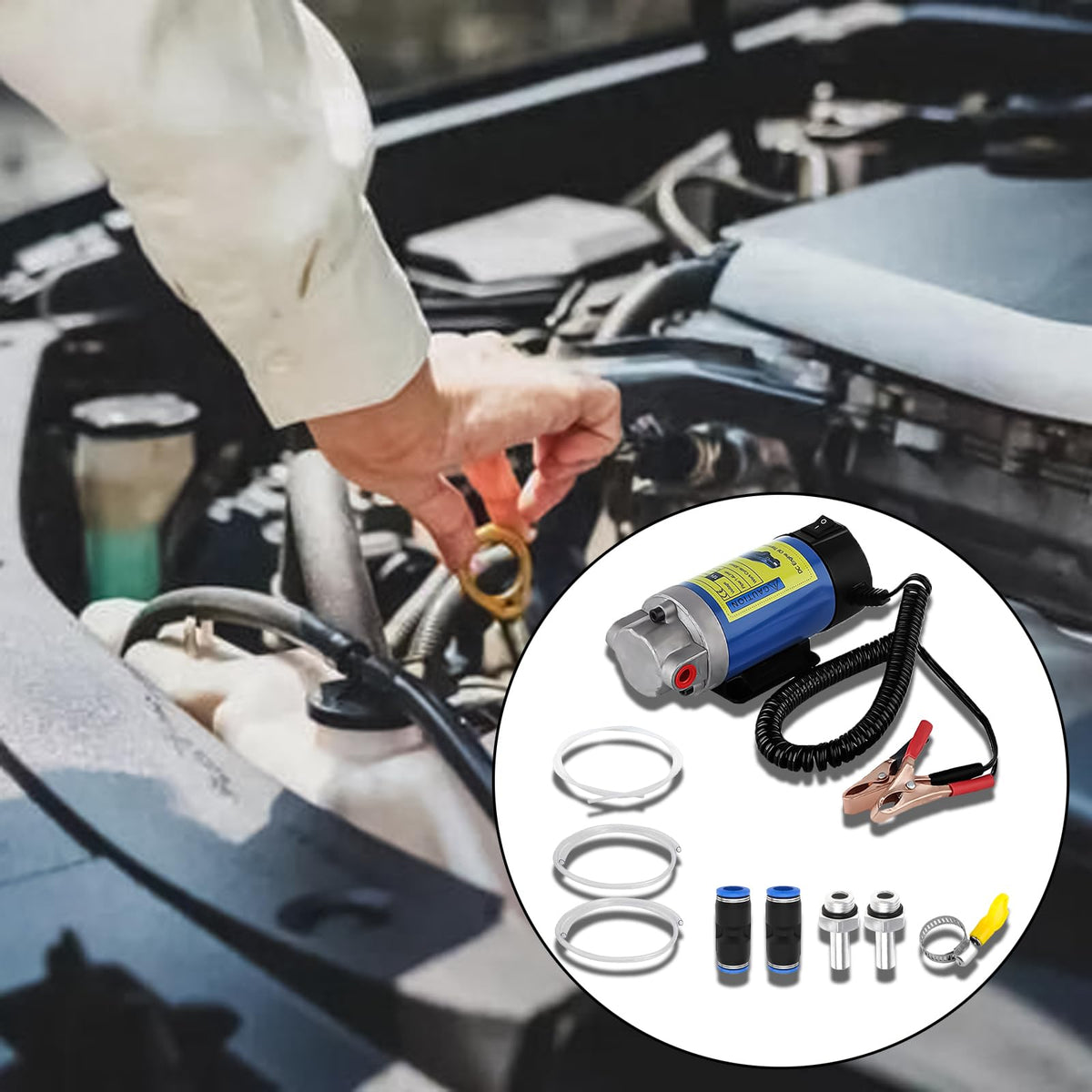 Billowvolve installed in a car engine bay enabling clean oil extraction