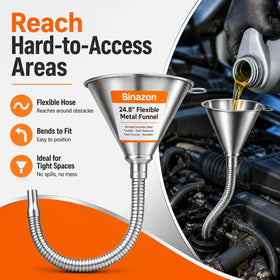 Binazon funnel disassembled to show removable tip and strainer for easy cleaning