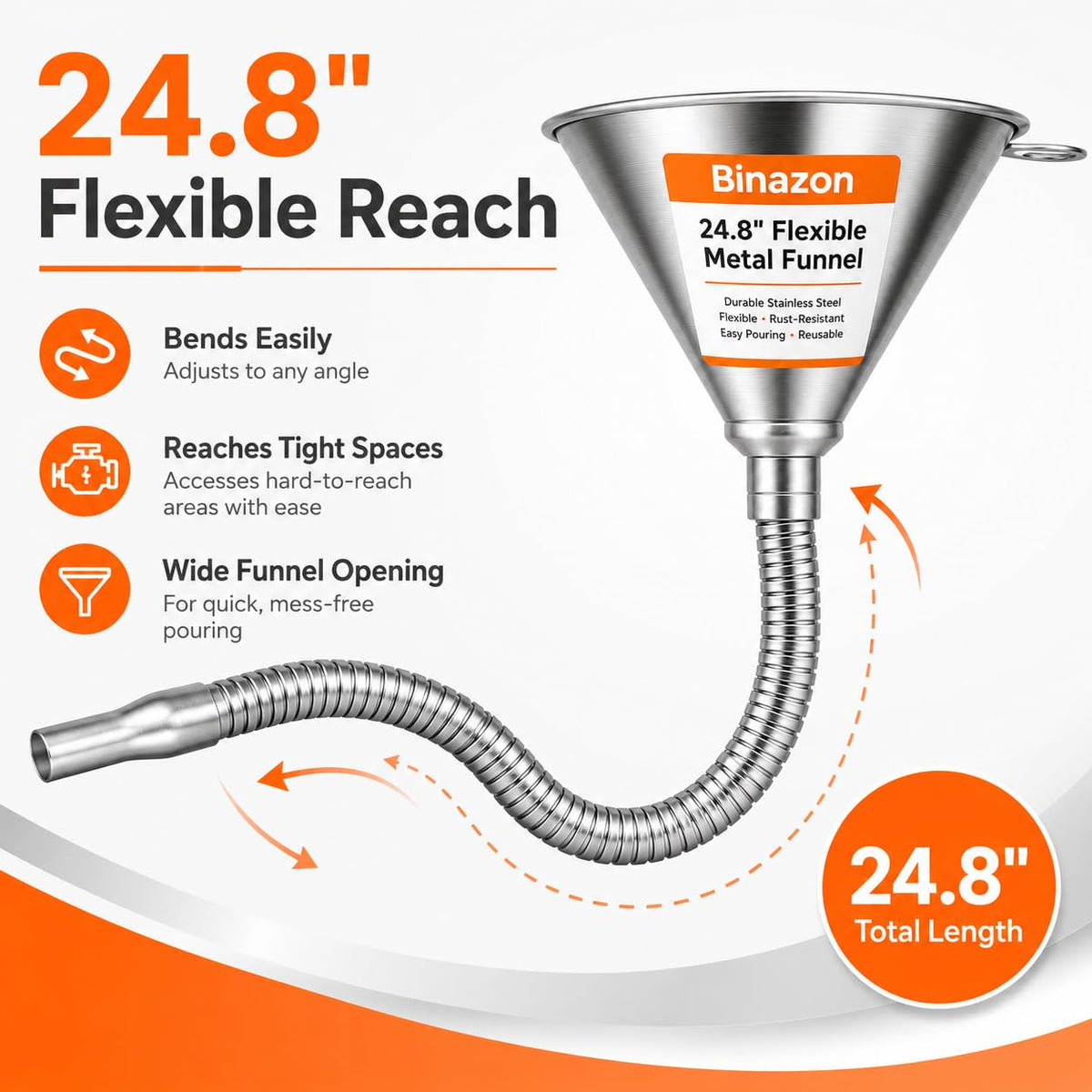 Binazon flexible steel spout detail bent into shape for accurate, splash-free pouring