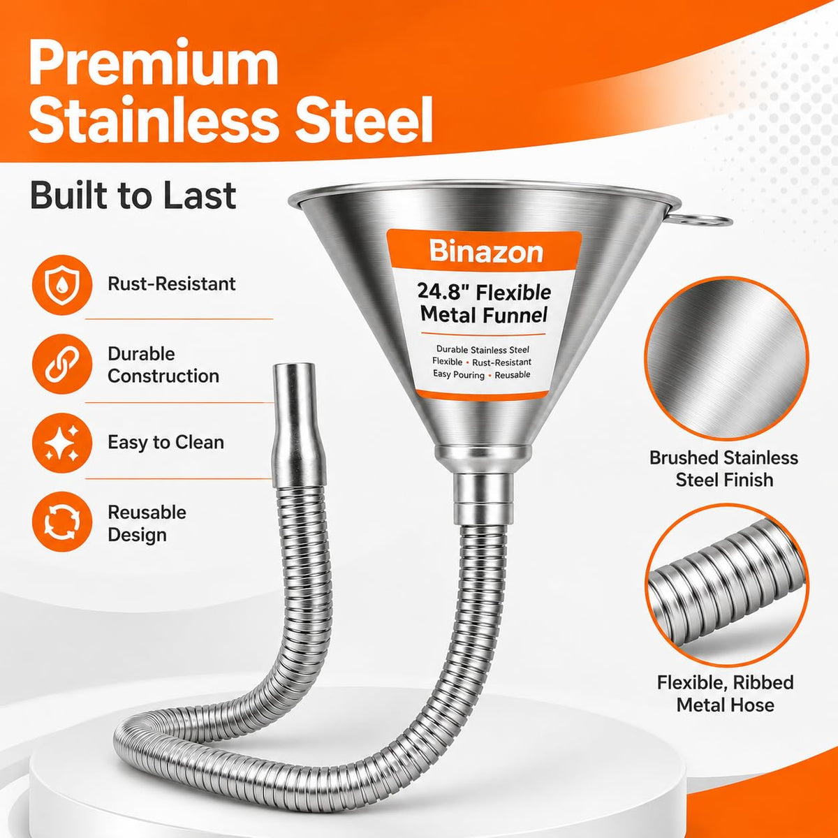 Binazon funnel next to ruler showing 24.8 inch spout for extended reach and visibility