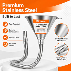 Binazon funnel next to ruler showing 24.8 inch spout for extended reach and visibility