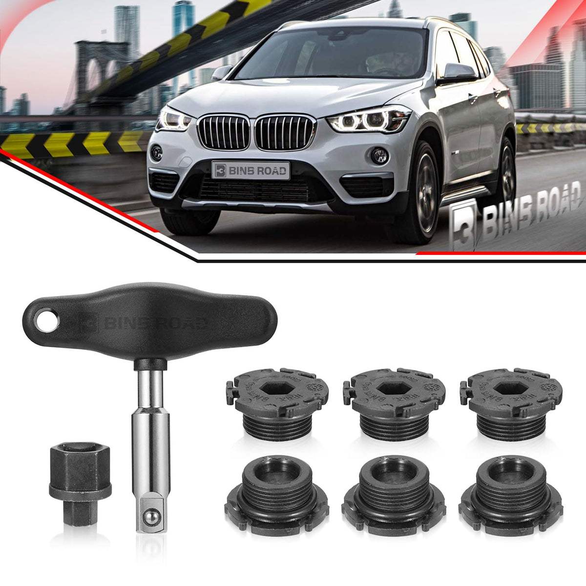 BINB ROAD plug and tool in garage setting highlighting DIY oil change convenience