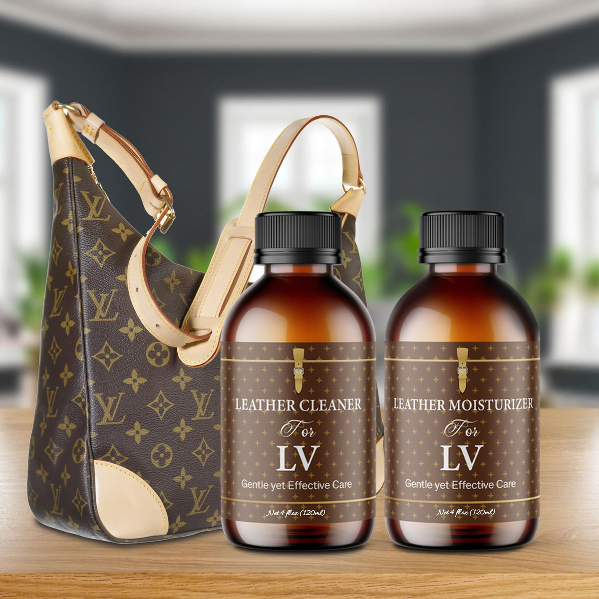Bingbrofam product in use on a handbag to restore surface sheen