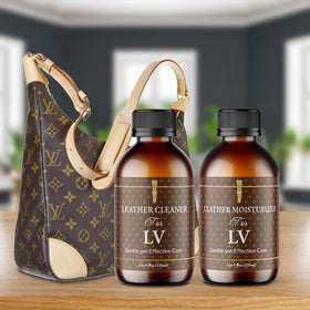 Bingbrofam product in use on a handbag to restore surface sheen