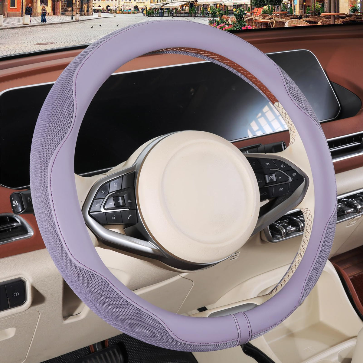Binsheo purple steering wheel cover front view adds style and comfortable grip