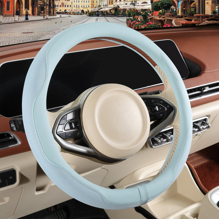 Binsheo front view of blue steering cover showing smooth nappa finish and comfort