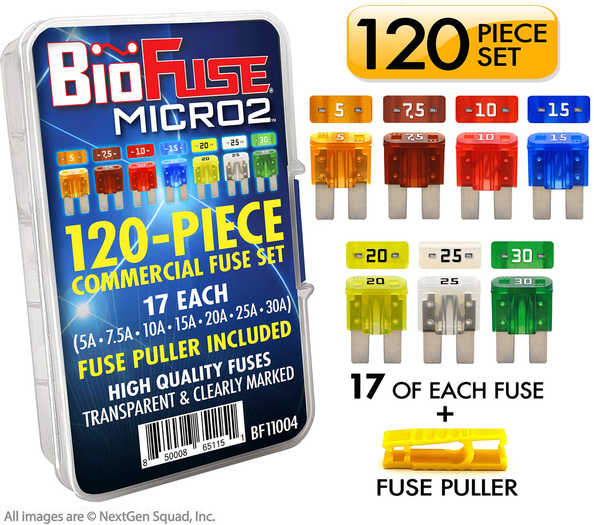 BIOFUSE color-coded fuses arranged by amp rating for fast identification and selection