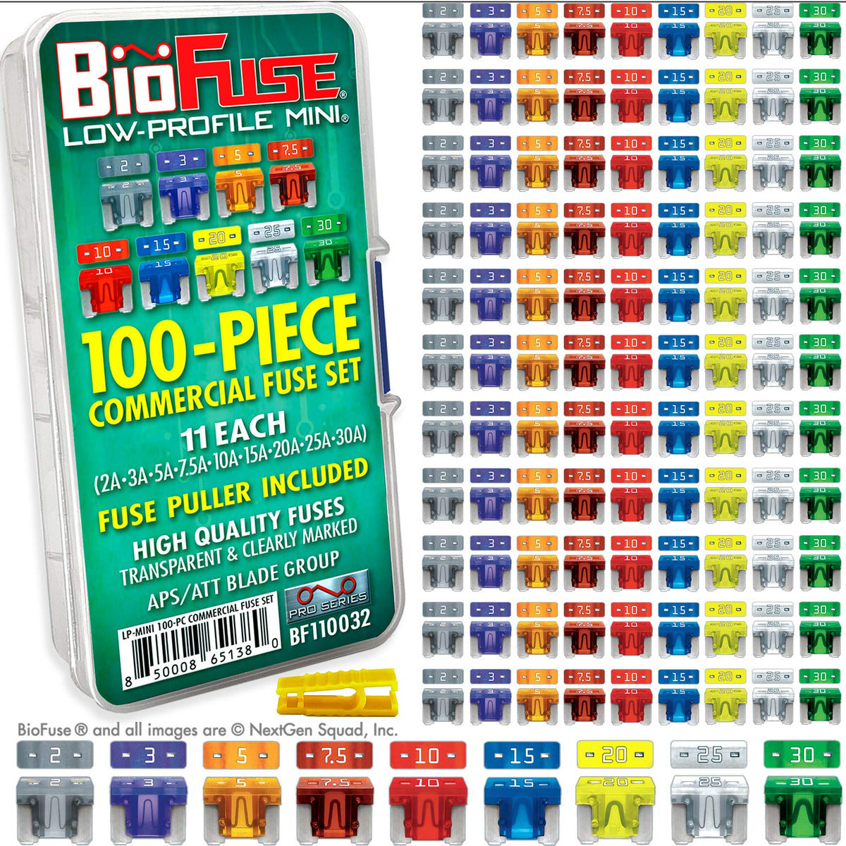 BioFuse front packaging showing organized low-profile mini fuses and puller, clear inventory benefit