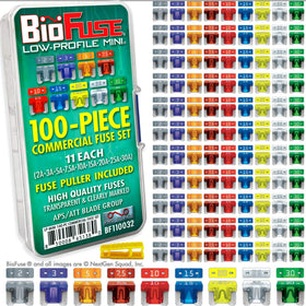 BioFuse front packaging showing organized low-profile mini fuses and puller, clear inventory benefit