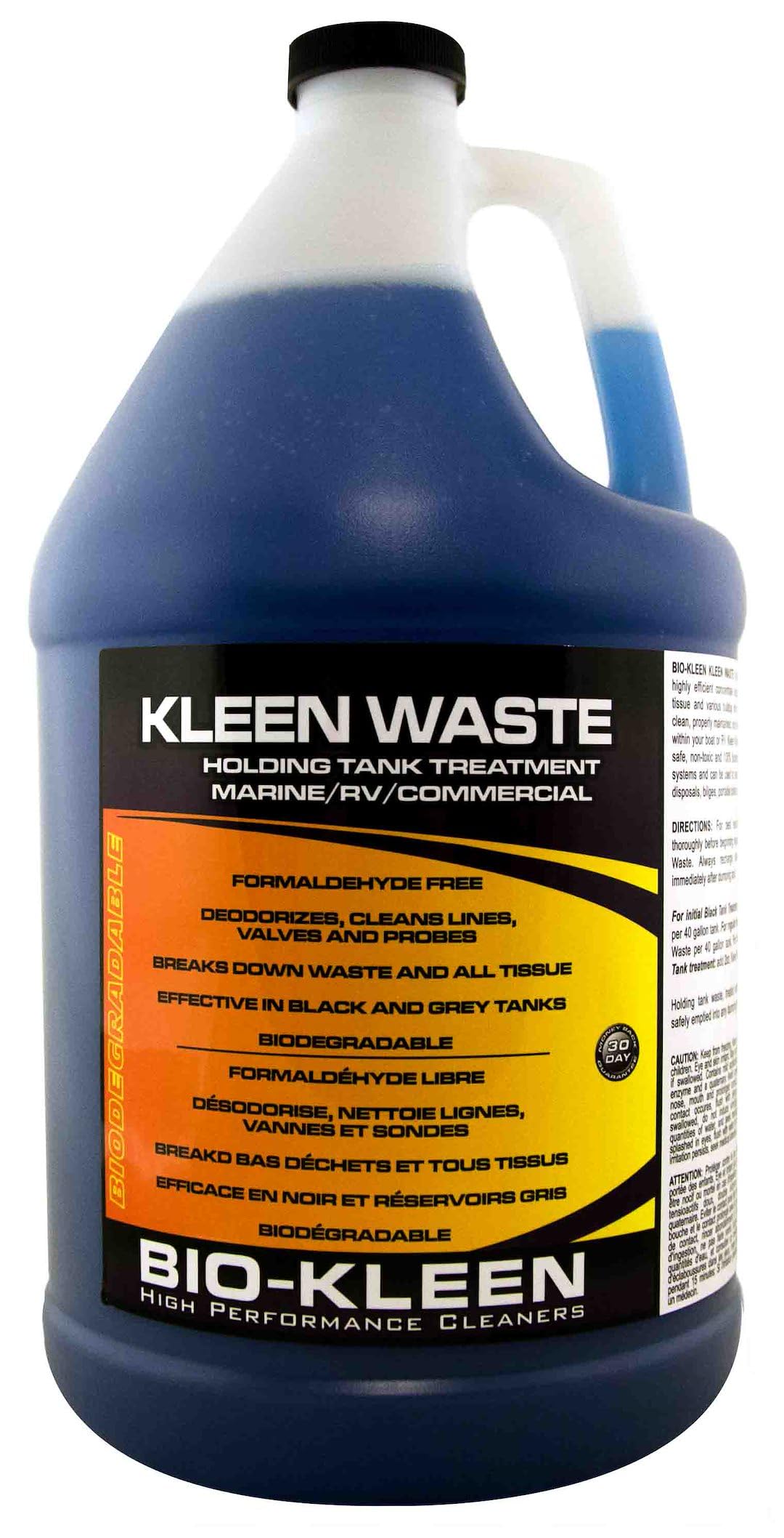 Biokleen bottle beside RV sewer connection, illustrating odor control benefit