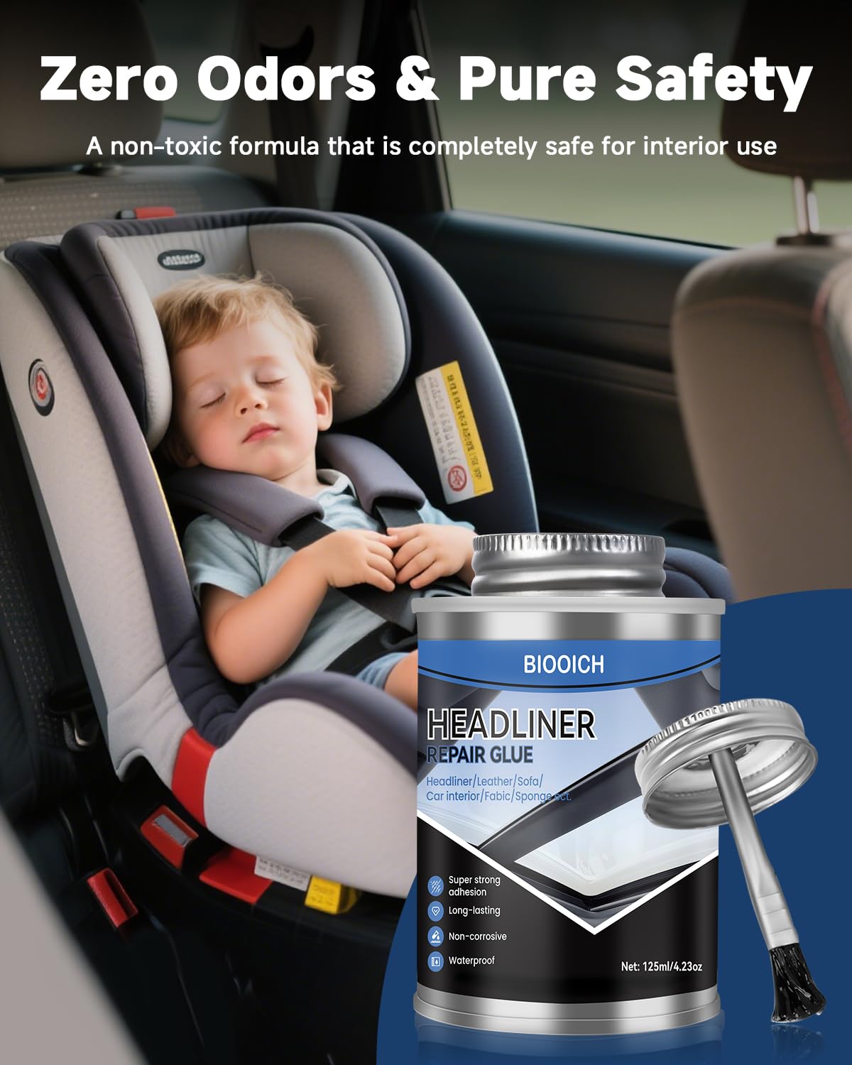 BIOOICH glue in use repairing a car headliner for restored appearance