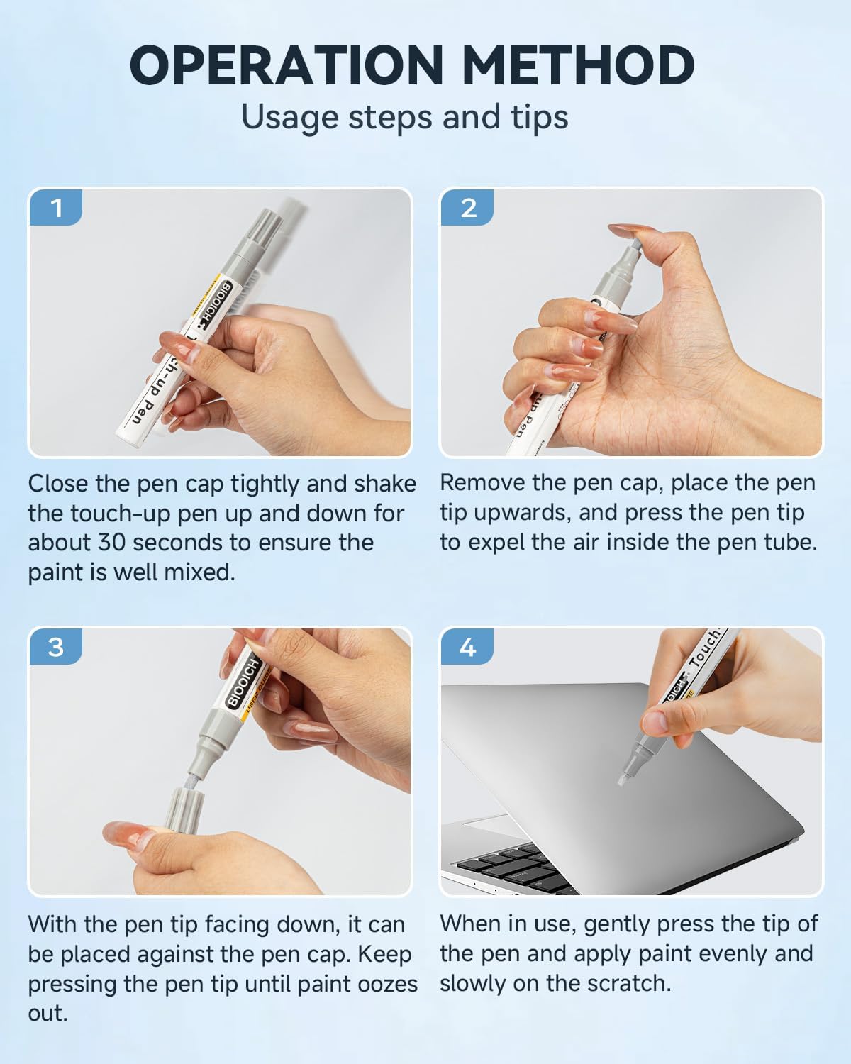 BIOOICH pen in hand applying paint to a MacBook frame for easy at-home restoration