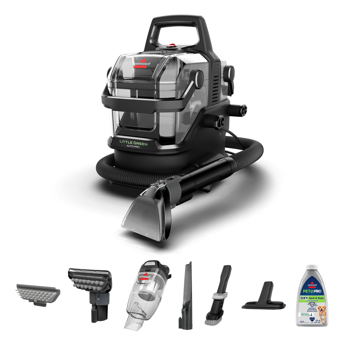 BISSELL front view of Little Green Auto Pro showing compact design and strong suction benefit