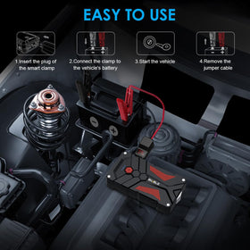 BIUBLE jump starter connected to a car battery illustrating fast engine restart