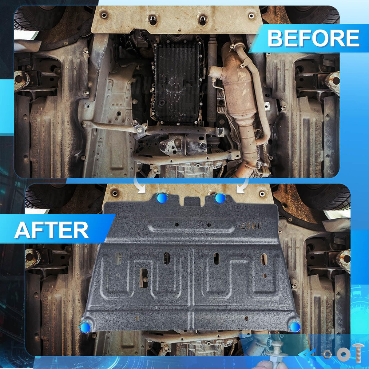 Biudibo panel beside tire showing scale and full-coverage benefit