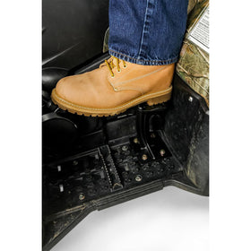 Black Boar rider using pedestals in rear lounger demonstrating comfort and grip