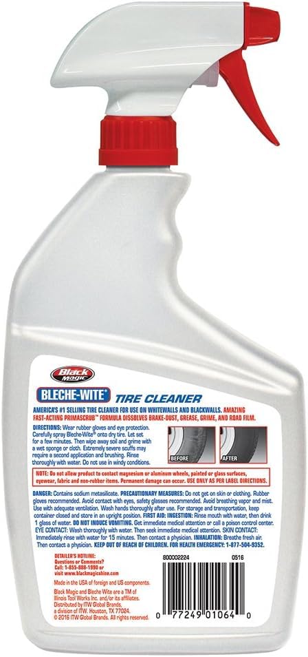 Black Magic spraying cleaner onto a tire to dissolve grime quickly