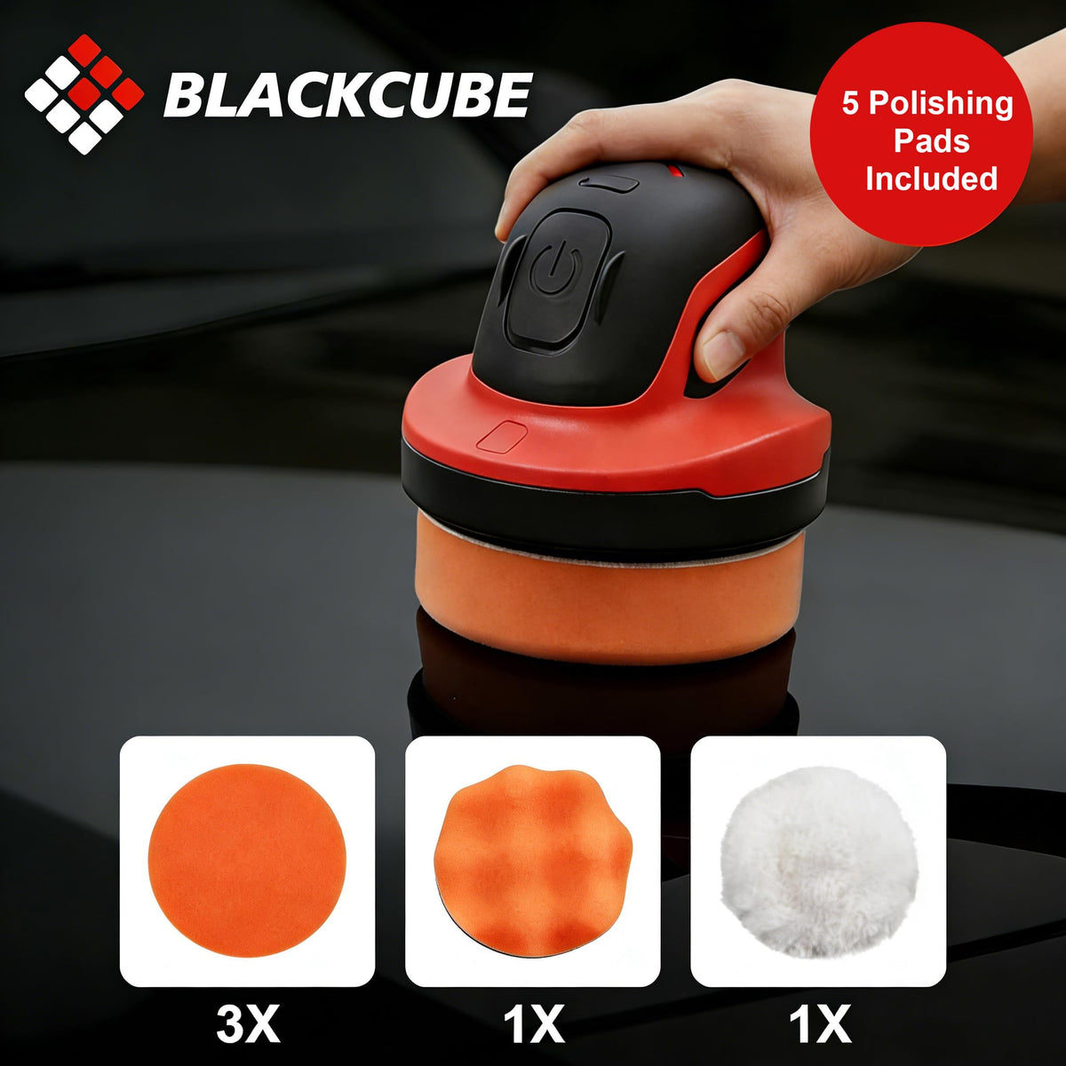 BLACKCUBE detailing kit with five pads laid out for waxing polishing and finishing