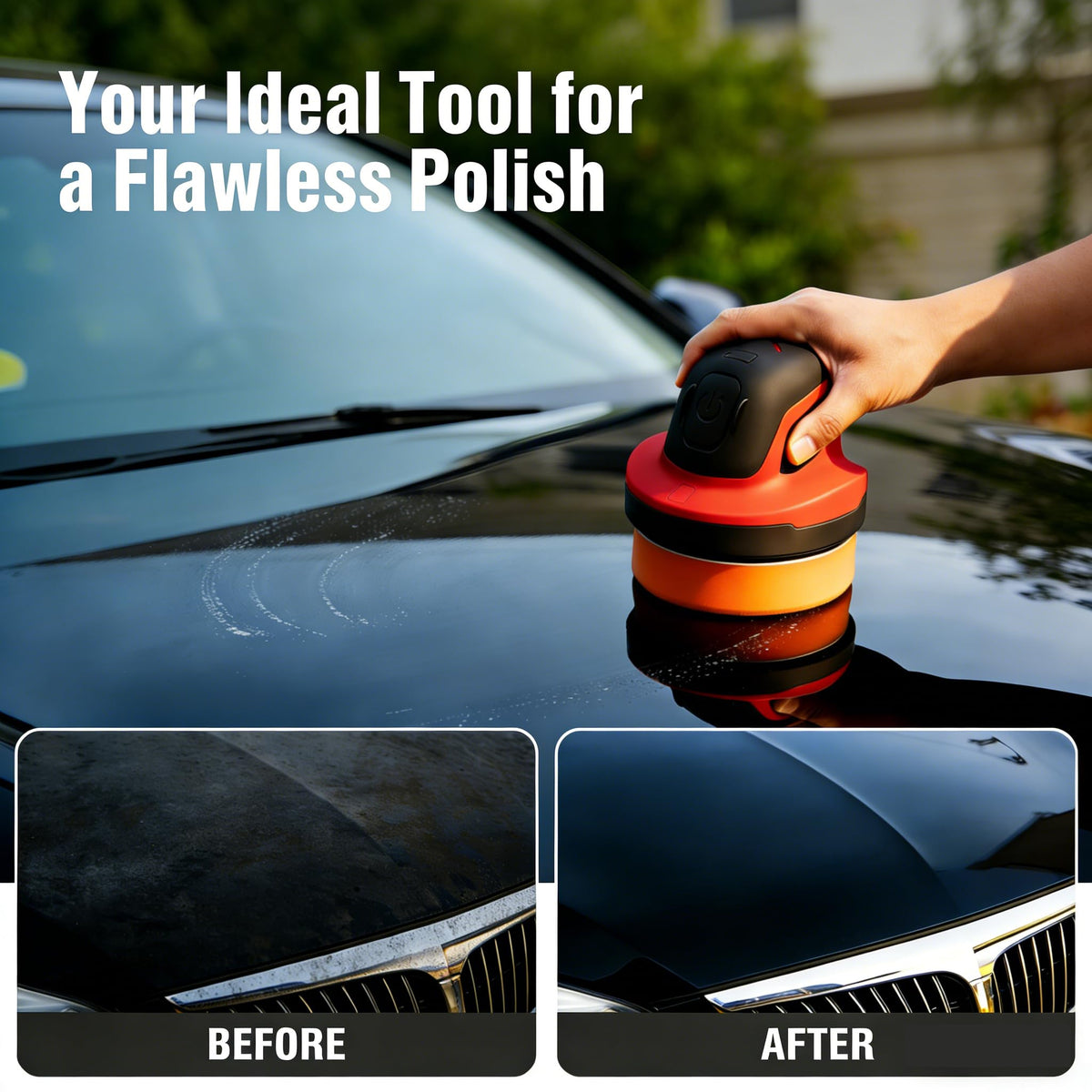 BLACKCUBE polisher being used on car hood to restore shine and remove light blemishes