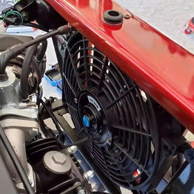BLACKHORSE-RACING fan mounted as push in front of radiator showing flexible use