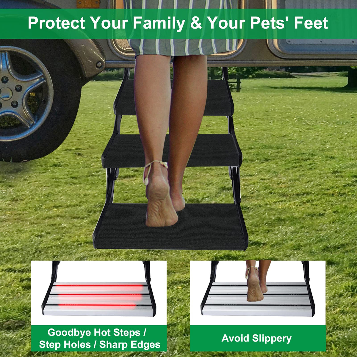 BLACKHORSE-RACING step cover wrapped on a curved RV metal step demonstrating snug adjustable fit