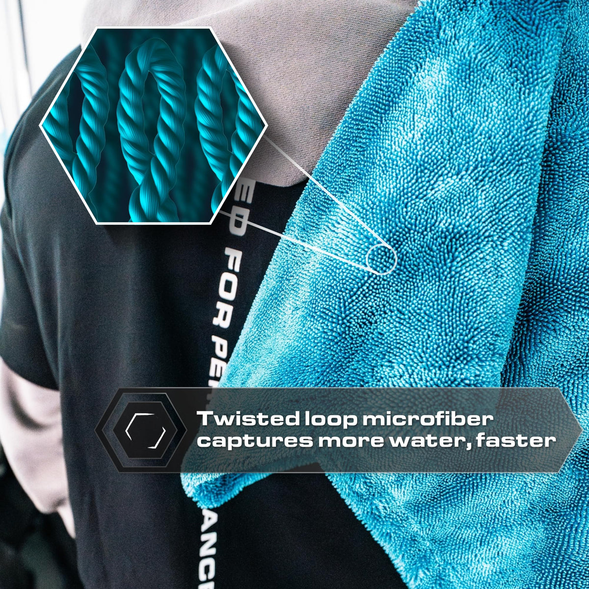 Blackline towel being glided across car hood for streak-free drying benefit
