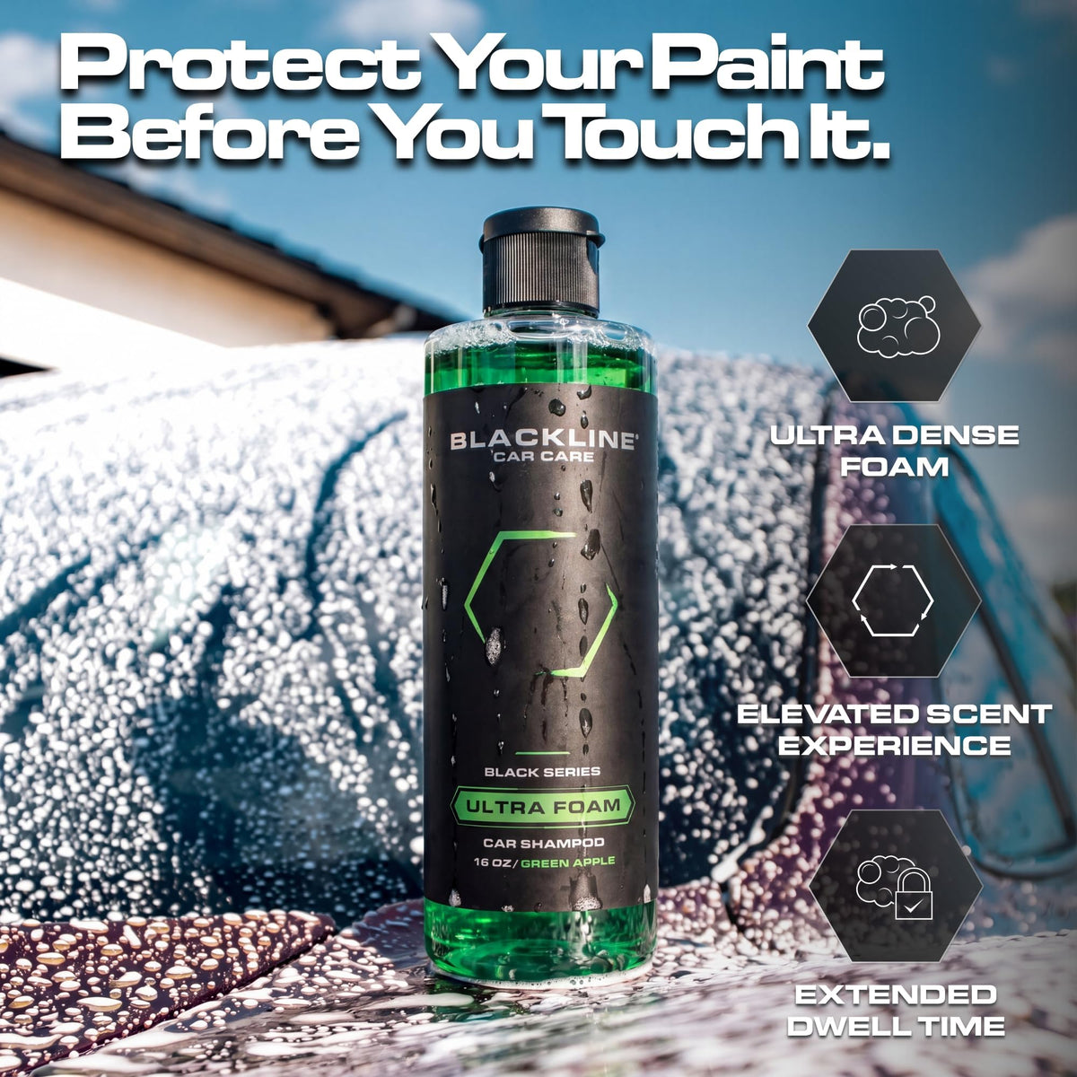 Blackline in a foam cannon spraying thick foam for safe cleaning