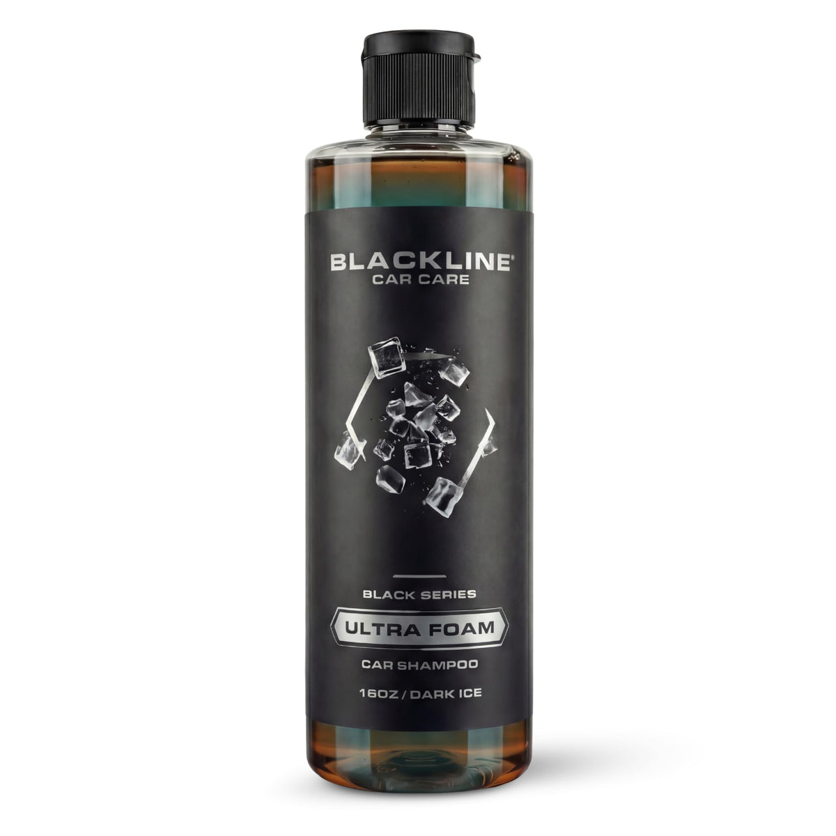 Blackline bottle front view showing label and easy-pour cap for clear identification and handling