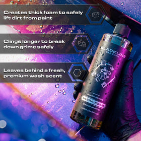 Blackline thick foam lather on sedan roof demonstrating cling and cleaning coverage benefit